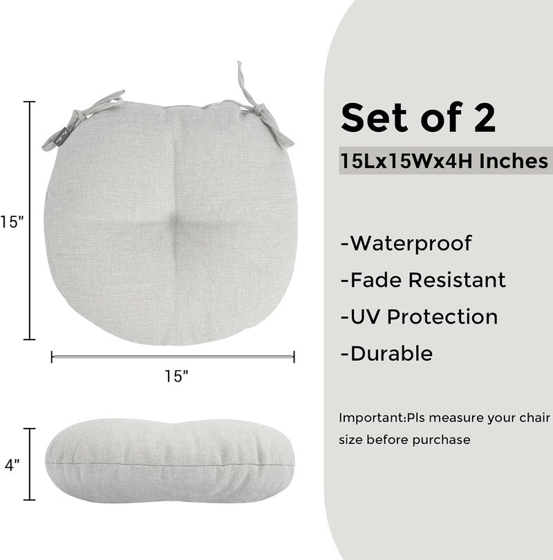 FUNHOME Bistro Chair Cushions 15 inch,Set of 2,Tufted Round Chair Cushions with Ties,15"x15"x4",Water Resistant Round Seat Cushion for Barstool Chairs,Patio Garden Kitchen Outdoor Furniture(Cloud Gray) - Image 3