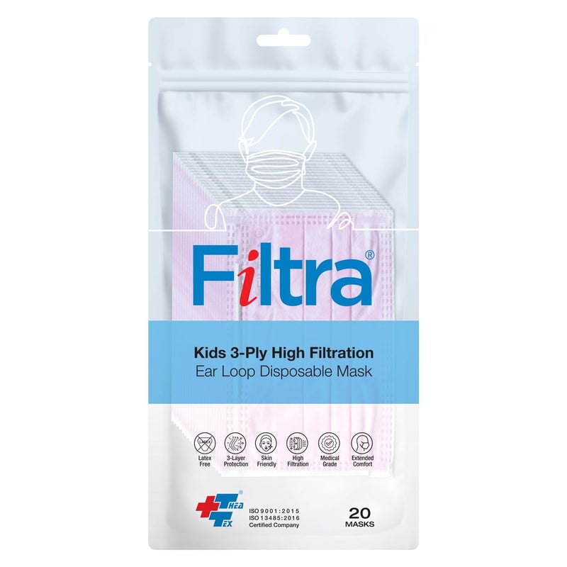 Filtra ® 3-Ply Ear Loop Kids Mask | Ages 3-18 | Kids Mask | Children's Mask | Ladies Mask | High Filtration | New extra tough courier packing | Travel Zip Lock Pouch of 20 Masks - Image 1