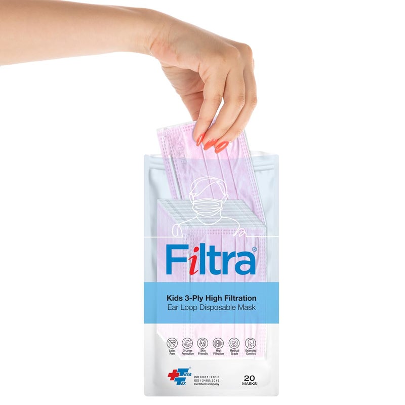Filtra ® 3-Ply Ear Loop Kids Mask | Ages 3-18 | Kids Mask | Children's Mask | Ladies Mask | High Filtration | New extra tough courier packing | Travel Zip Lock Pouch of 20 Masks - Image 2
