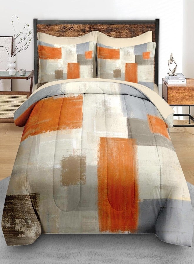 Pamnest Comforter Set Queen Size, Beige Grey Abstract Painting 7 Pcs Bedding for Kids and Adults, Orange Gray Contemporary Bed Sheet Sets with Fitted Sheet 2 Pillowcase & 2 Sham for Bedroom Bed Decor - Image 3