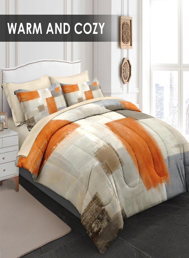Pamnest Comforter Set Queen Size, Beige Grey Abstract Painting 7 Pcs Bedding for Kids and Adults, Orange Gray Contemporary Bed Sheet Sets with Fitted Sheet 2 Pillowcase & 2 Sham for Bedroom Bed Decor - Image 2