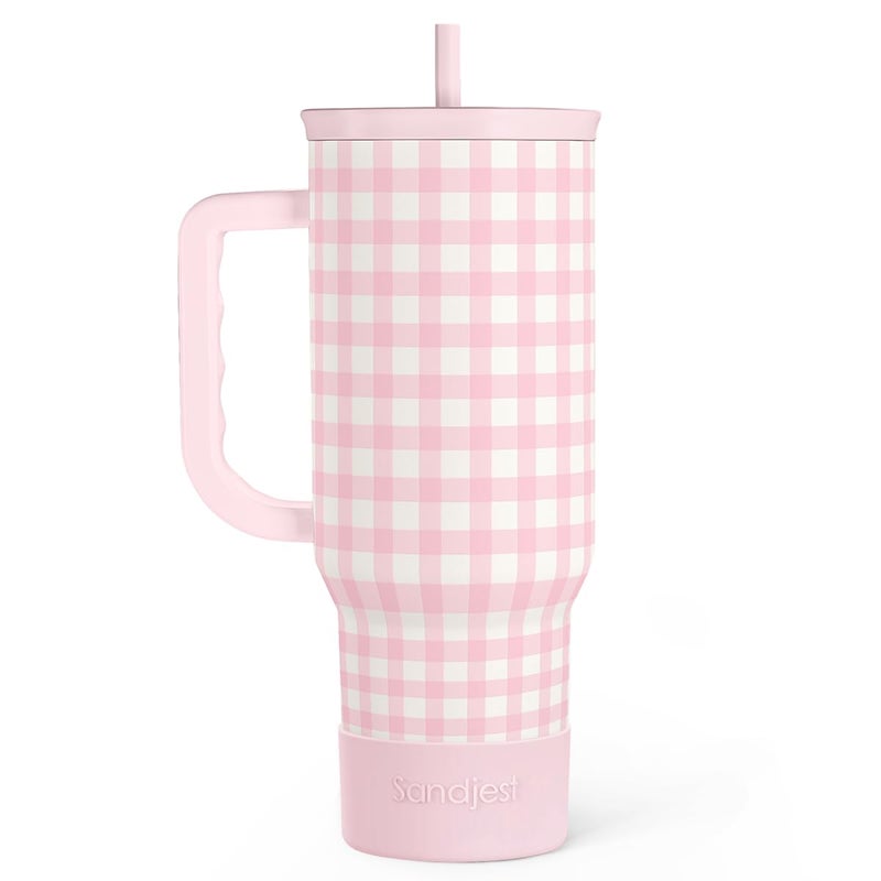 SANDJEST Pink Gingham 40oz Slider Tumbler with Handle and Straw - Insulated Stainless Steel Travel Coffee Mug for Women Girls, Gift for Birthday, Christmas - Image 1