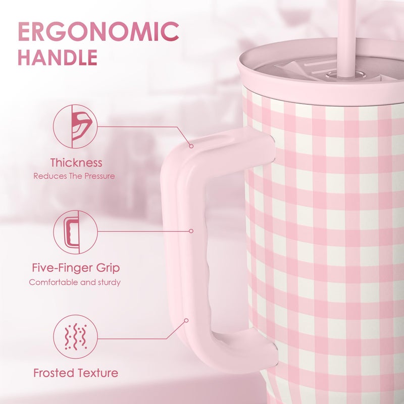 SANDJEST Pink Gingham 40oz Slider Tumbler with Handle and Straw - Insulated Stainless Steel Travel Coffee Mug for Women Girls, Gift for Birthday, Christmas - Image 3