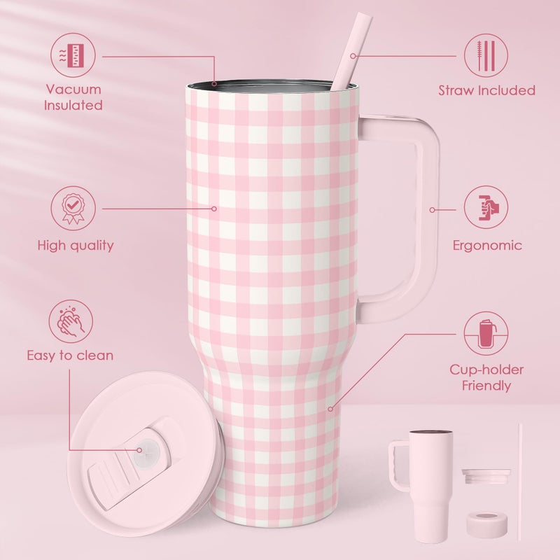 SANDJEST Pink Gingham 40oz Slider Tumbler with Handle and Straw - Insulated Stainless Steel Travel Coffee Mug for Women Girls, Gift for Birthday, Christmas - Image 2