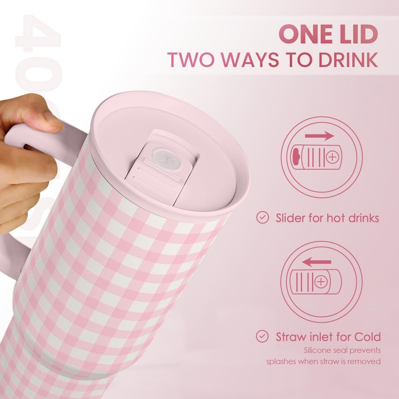 SANDJEST Pink Gingham 40oz Slider Tumbler with Handle and Straw - Insulated Stainless Steel Travel Coffee Mug for Women Girls, Gift for Birthday, Christmas - Image 4