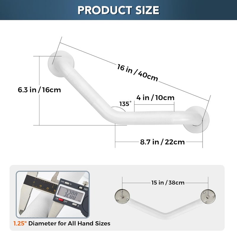JOY DECOR قضبان إمساك لأحواض الاستحمام والحمامات - قضيب إمساك دش بزاوية 1-1/4 × 16 بوصة لكبار السن، قضبان إمساك من الفولاذ المقاوم للصدأ محززة لذوي الاحتياجات الخاصة للحائط (أبيض، عبوة من 2) - Image 3