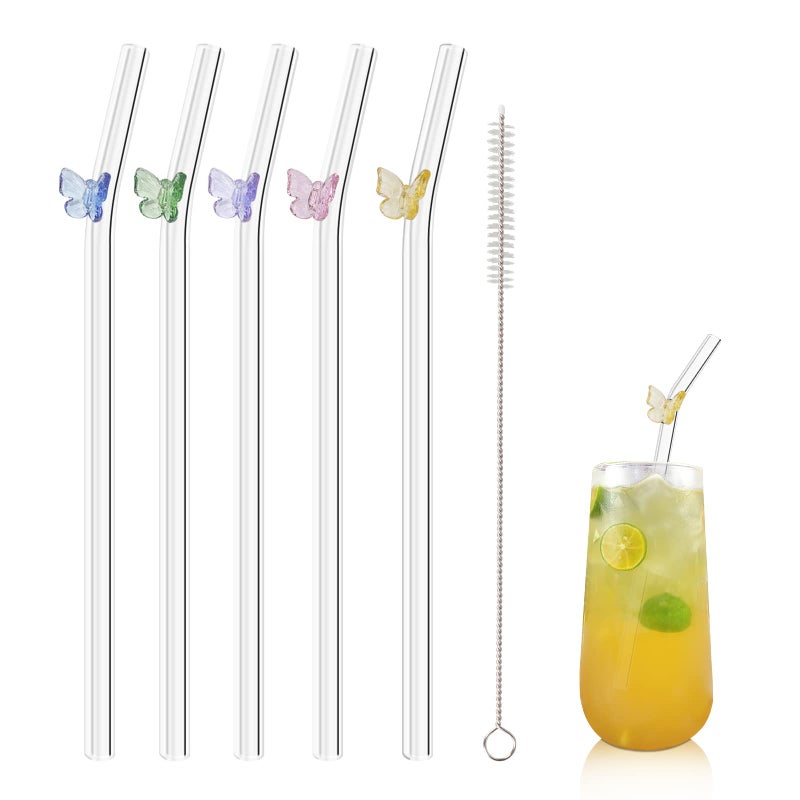 Olpchee 5 Pcs Reusable Straws Clear Glass Straws Colorful Butterfly Design Size 7.8" x 8mm with 1 Cleaning Brush for Smoothies, Milkshakes, Juices, Teas (Colorful Butterfly) - Image 1