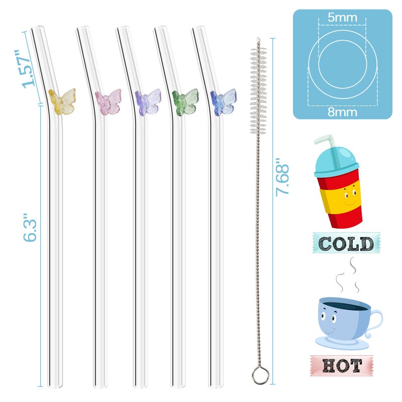 Olpchee 5 Pcs Reusable Straws Clear Glass Straws Colorful Butterfly Design Size 7.8" x 8mm with 1 Cleaning Brush for Smoothies, Milkshakes, Juices, Teas (Colorful Butterfly) - Image 4