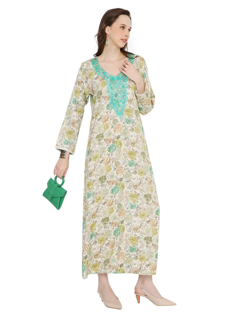 HANA & SARA MULTICOLOUR ELEGANT FLORAL PRINTED FARASHA JALABIYA WITH UNIQUE THREAD EMBROIDERY