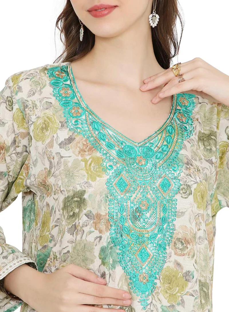 HANA & SARA MULTICOLOUR ELEGANT FLORAL PRINTED FARASHA JALABIYA WITH UNIQUE THREAD EMBROIDERY