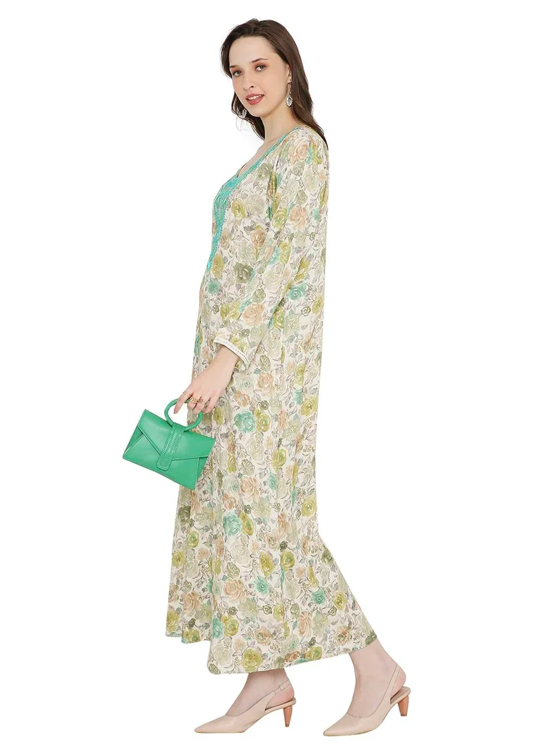HANA & SARA MULTICOLOUR ELEGANT FLORAL PRINTED FARASHA JALABIYA WITH UNIQUE THREAD EMBROIDERY