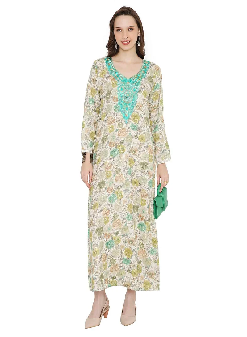 HANA & SARA MULTICOLOUR ELEGANT FLORAL PRINTED FARASHA JALABIYA WITH UNIQUE THREAD EMBROIDERY