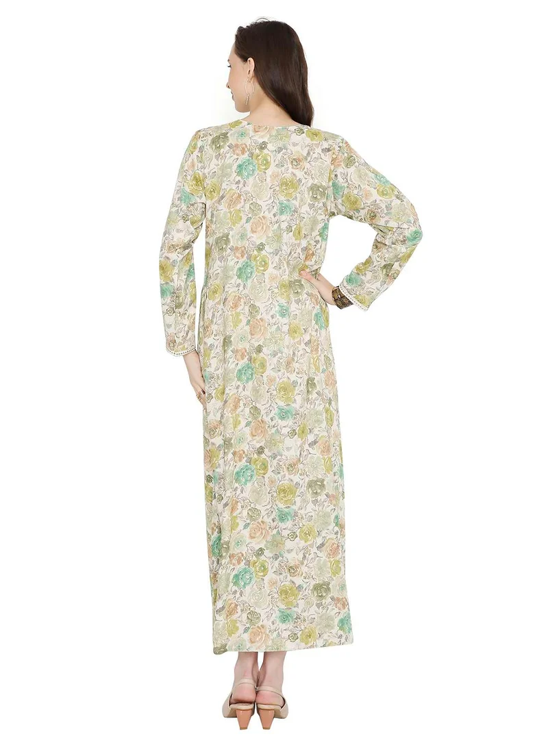 HANA & SARA MULTICOLOUR ELEGANT FLORAL PRINTED FARASHA JALABIYA WITH UNIQUE THREAD EMBROIDERY