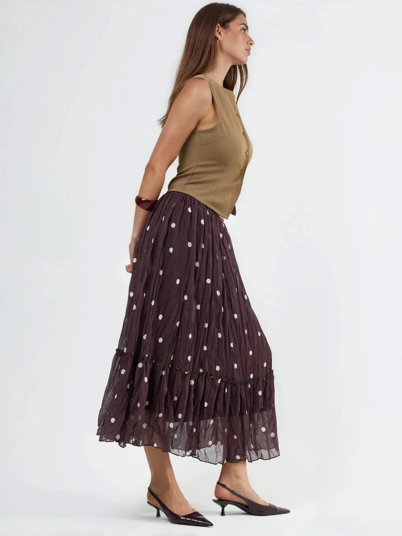 بوسيم BUSEM High Waist Polka Dot Maxi Skirt with Frills