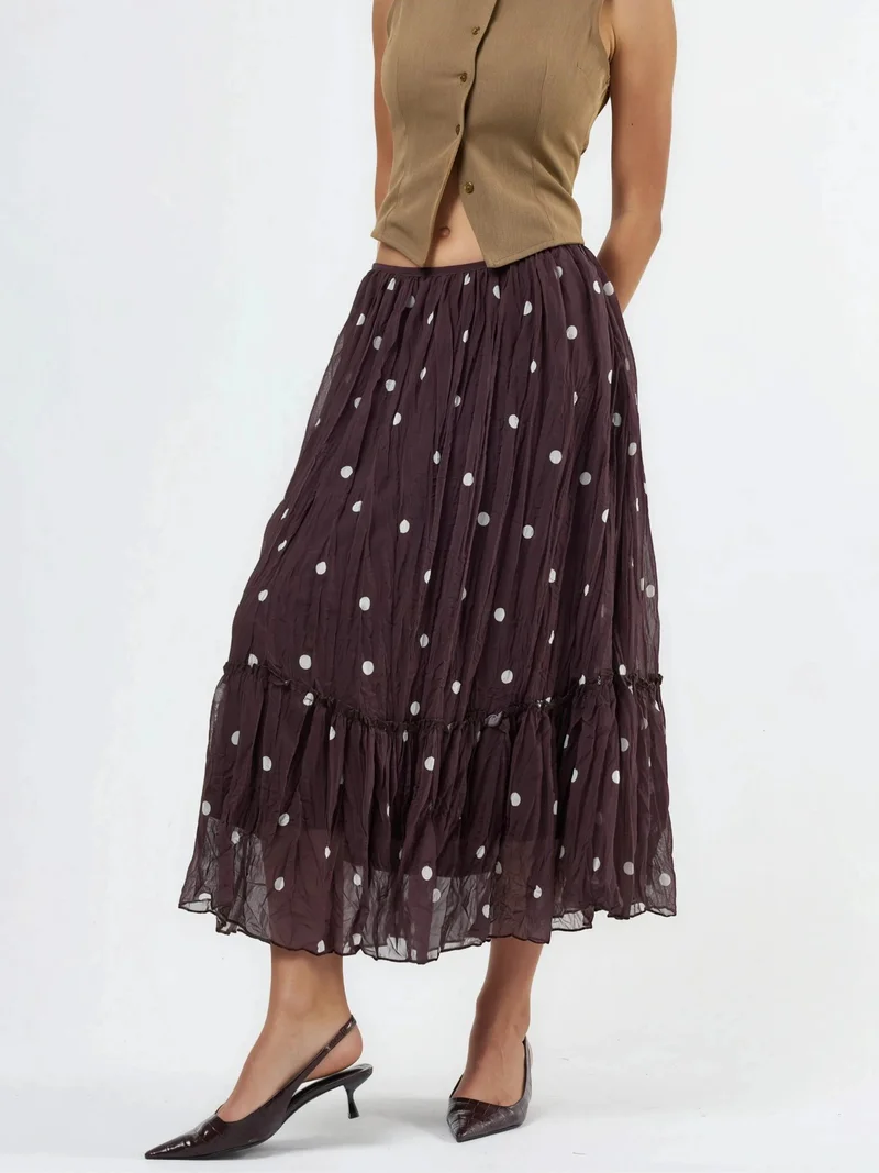 بوسيم BUSEM High Waist Polka Dot Maxi Skirt with Frills