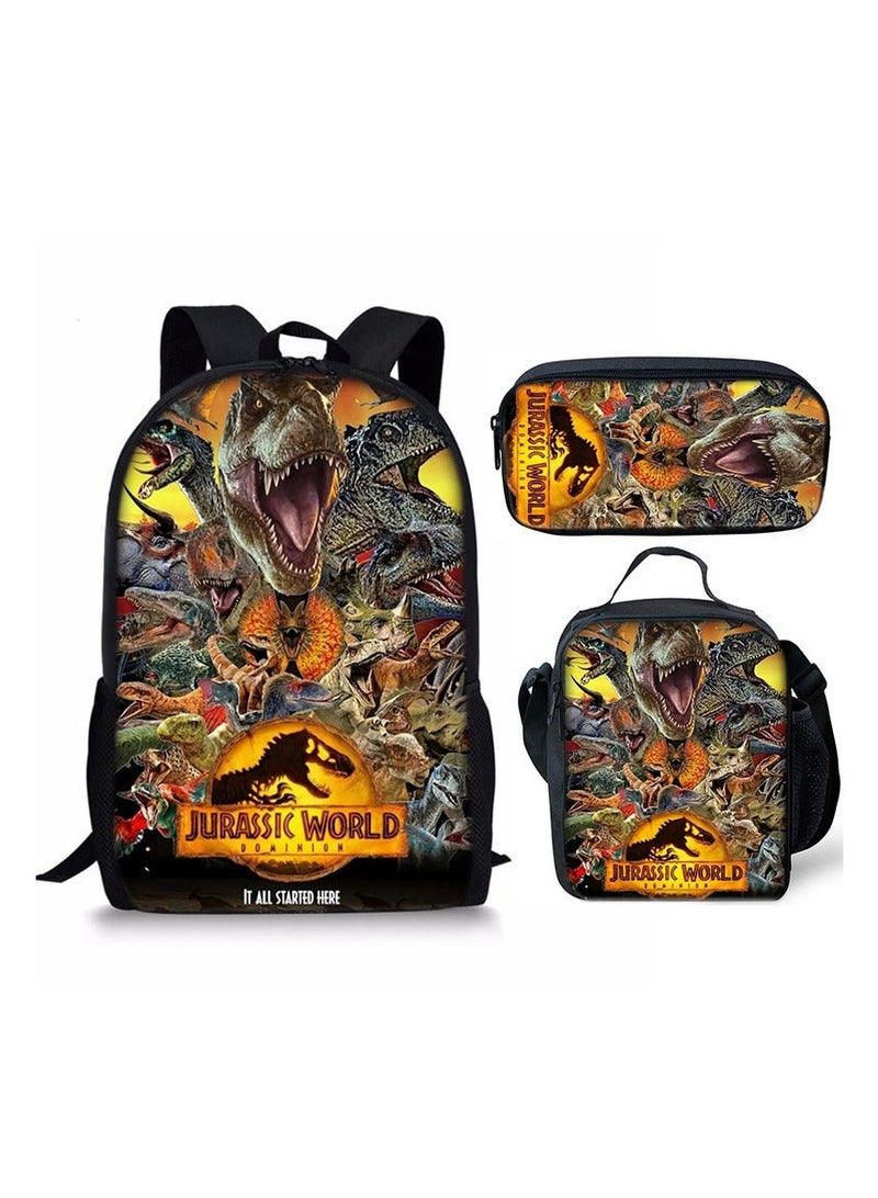 JURASSIC WORLD New Jurassic Park Dinosaur Three piece Set with Large Capacity Backpack, Student School Bag, Lunch Bag, Pen Bag - Image 1
