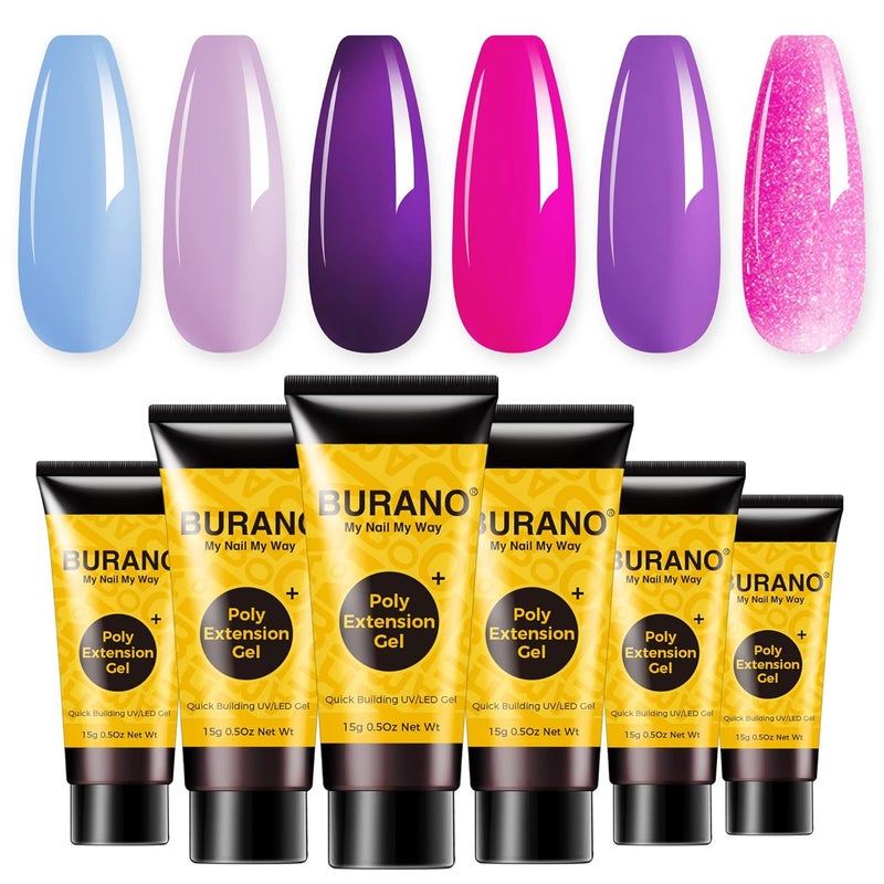 BURANO Poly Extension Gel Nail Kit, 6 Colors Nail Poly Nails Builder Gel Set for Beginner & Professional Using, Poly Nail Gel Kits DIY Starter Kit Nail Art Gift (purple)