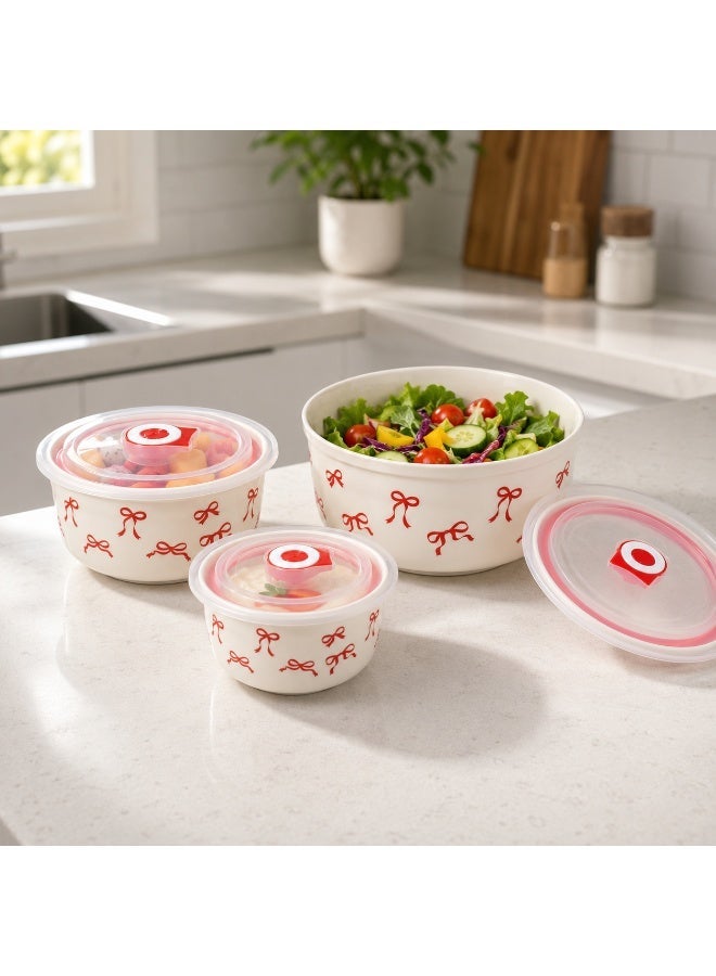 3-piece food storage container set with airtight transparent lids, red bow design serving and storage containers, sizes 300, 500, and 900 ml, suitable for refrigerator, microwave, and dishwasher. - Image 3