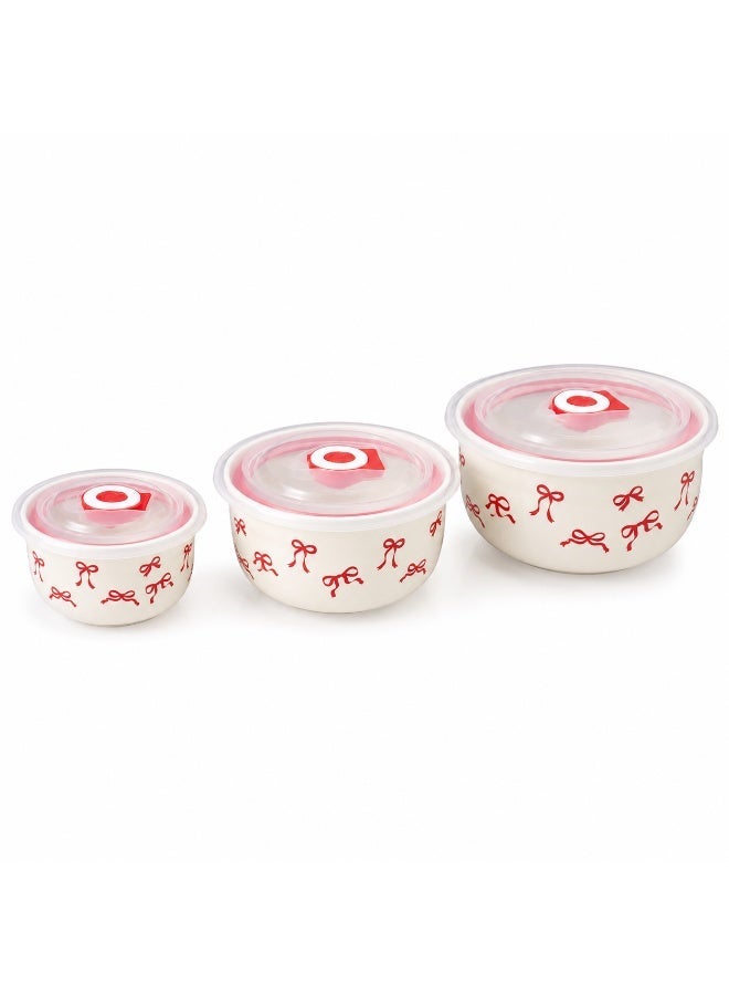 3-piece food storage container set with airtight transparent lids, red bow design serving and storage containers, sizes 300, 500, and 900 ml, suitable for refrigerator, microwave, and dishwasher. - Image 1