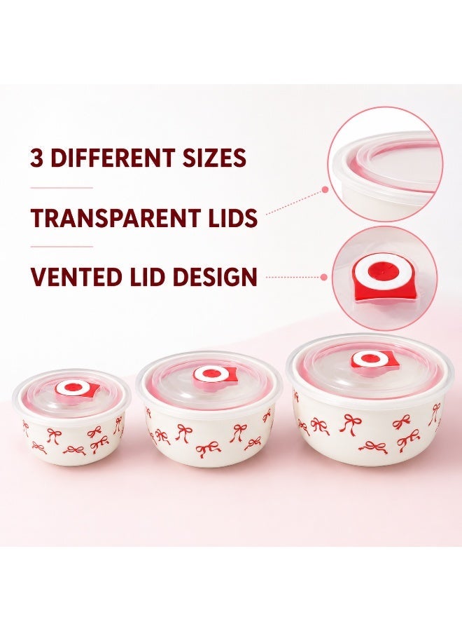 3-piece food storage container set with airtight transparent lids, red bow design serving and storage containers, sizes 300, 500, and 900 ml, suitable for refrigerator, microwave, and dishwasher. - Image 4