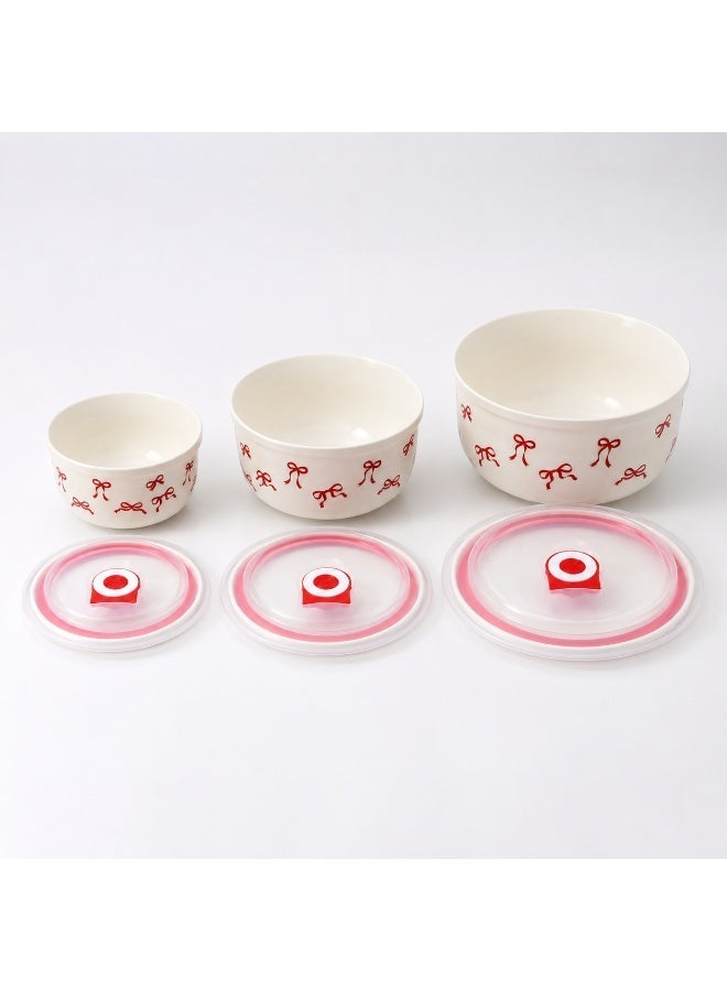 3-piece food storage container set with airtight transparent lids, red bow design serving and storage containers, sizes 300, 500, and 900 ml, suitable for refrigerator, microwave, and dishwasher. - Image 2