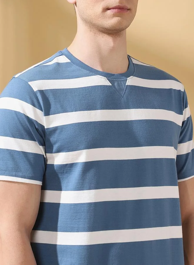 Dennis Lingo Men's Blue Cotton Blend Striped Regular Fit T-Shirt