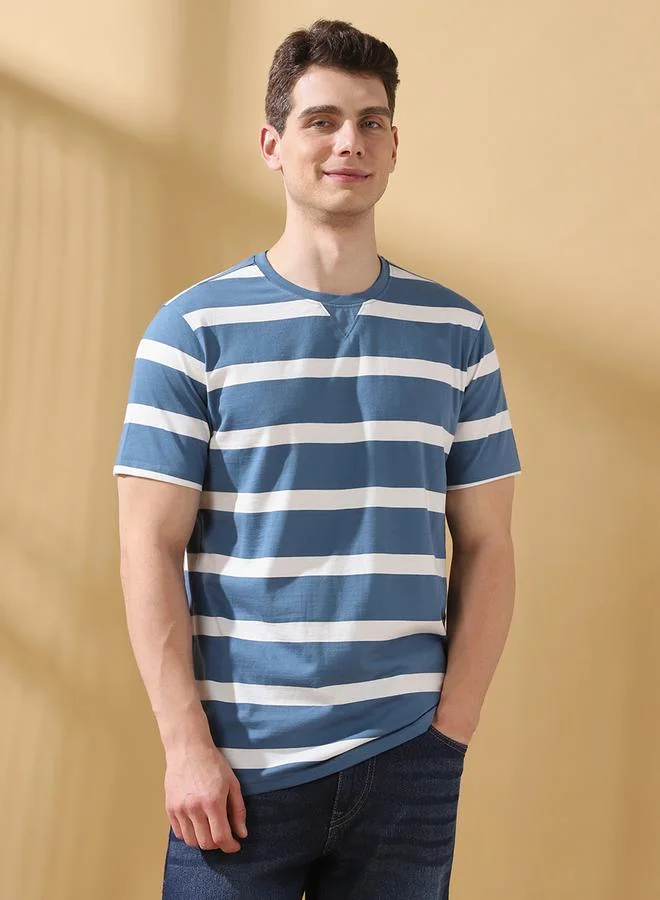 Dennis Lingo Men's Blue Cotton Blend Striped Regular Fit T-Shirt