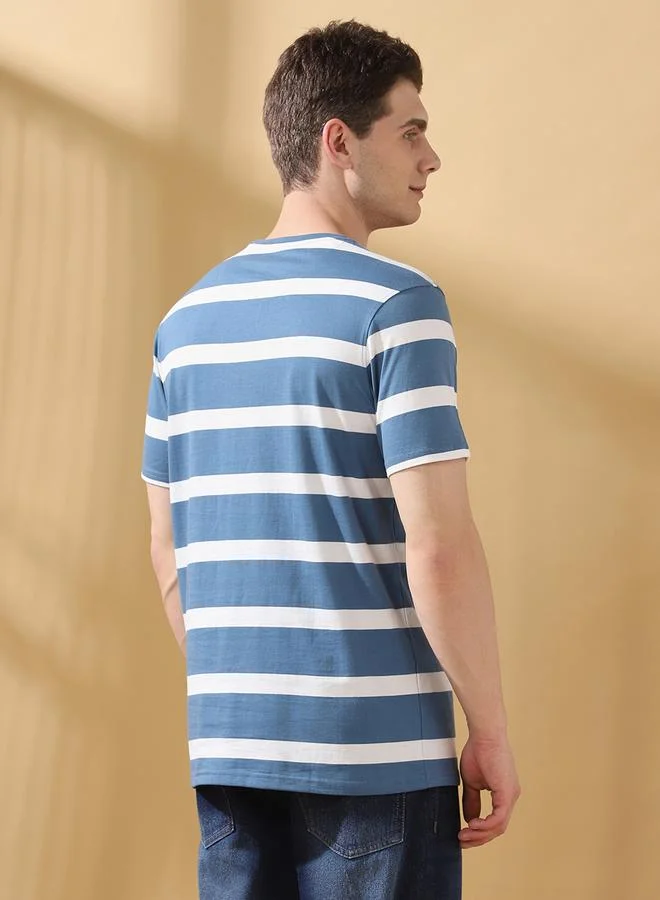 Dennis Lingo Men's Blue Cotton Blend Striped Regular Fit T-Shirt