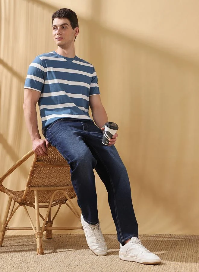 Dennis Lingo Men's Blue Cotton Blend Striped Regular Fit T-Shirt