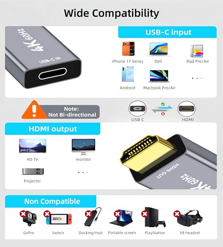 YAODEMA USB C Female to HDMI Male Adapter with 3.3FT USB Video Cable, 4K@60Hz Uni-Directional USB Type C Source to HDMI 2.0 Display Converter Thunderbolt 3/4 to HDMI for i-/Phone 17, MacBok, Galaxy - 1 Pack - Image 2