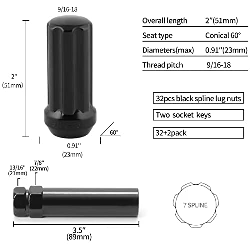 ChnewAuto 9/16-18 Lug Nut Set 32 Black 7 Spline 2 inch Tall 9/16 Lug Nuts Acorn 9/16x18 Lug Nuts Wheel Lug Nuts Closed End Fit for Dodge 1994-2011 Ram 2500 3500 Aftermarket Wheel - Image 5