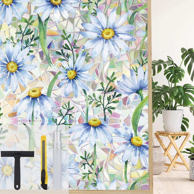 Maritown Window Film Privacy Rainbow Static Cling Window Film Plants Flowers Patterned Stained Glass Decorative Window Covering Stickers Films for Bathroom Kitchen Glass Windows Doors - Image 1