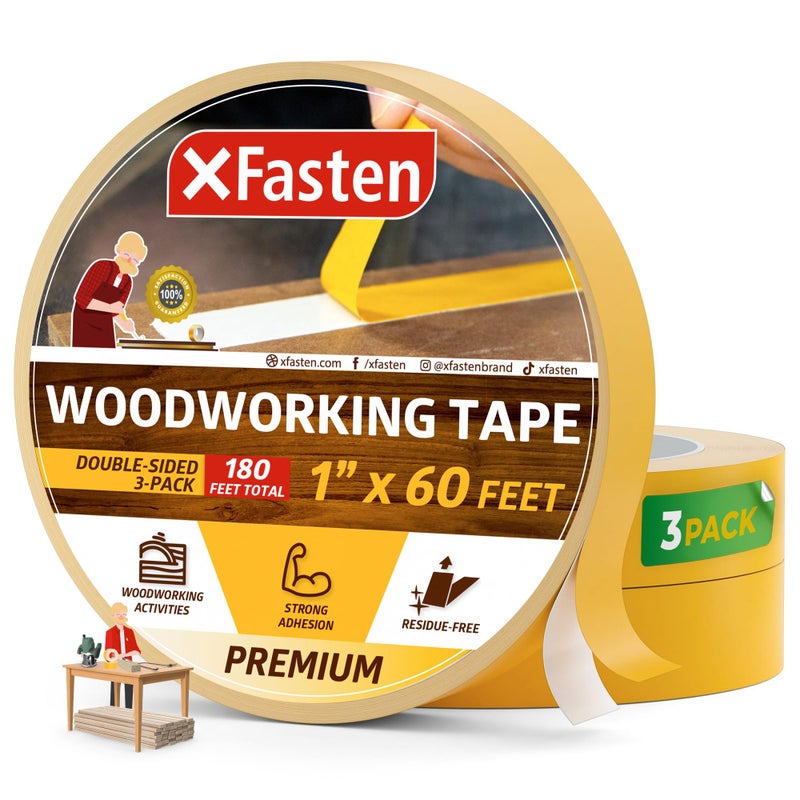XFasten Double Sided Woodworking Tape 1 Inch x 180 (3-Pack) - Double Face Woodworker Turner's Tape for Wood Template, Edge Banding, Routing, Anchoring, Strong Adhesion but Removable and Residue Free - Image 1