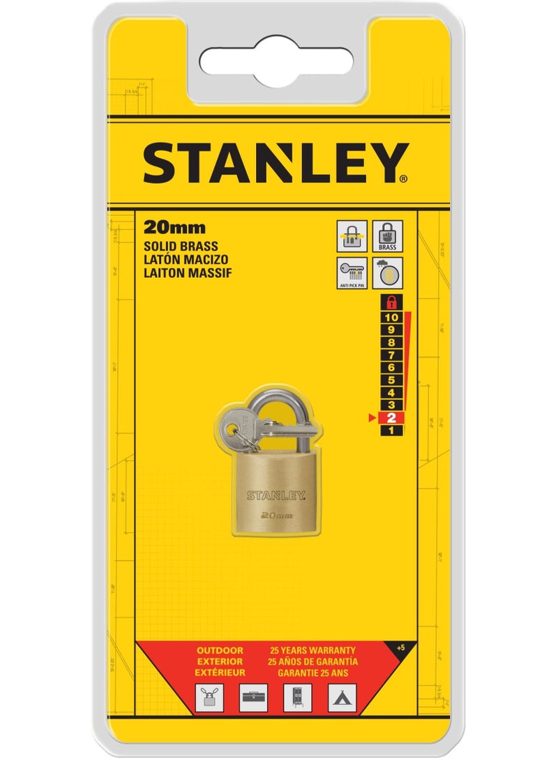 Stanley Stanley Padlock Brass 20mm Standard Shackle with 3 Keys Included - Image 5