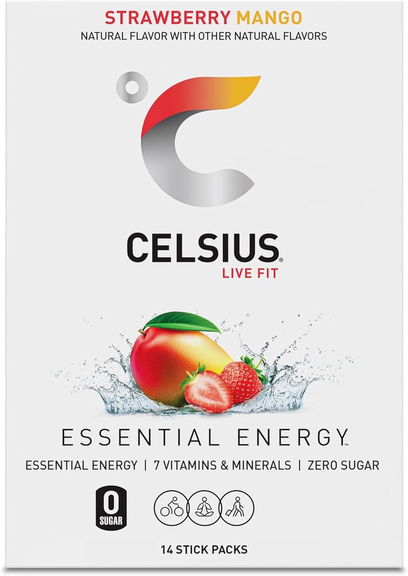 CELSIUS مشروب الطاقة CELSIUS On The Go بنكهة الفراولة والمانجو خالي من السكر - 14 عبوة ستيك - Image 5