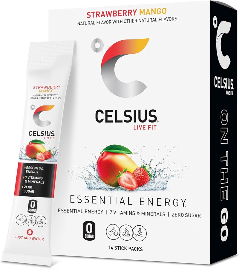 CELSIUS مشروب الطاقة CELSIUS On The Go بنكهة الفراولة والمانجو خالي من السكر - 14 عبوة ستيك - Image 1