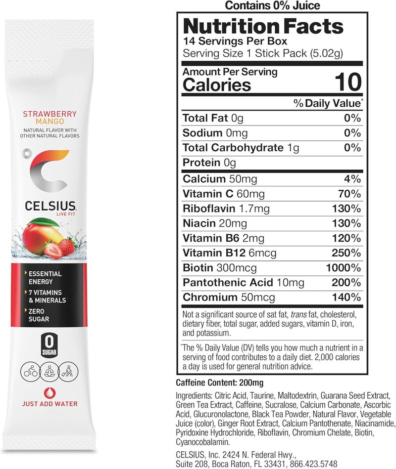 CELSIUS مشروب الطاقة CELSIUS On The Go بنكهة الفراولة والمانجو خالي من السكر - 14 عبوة ستيك - Image 3