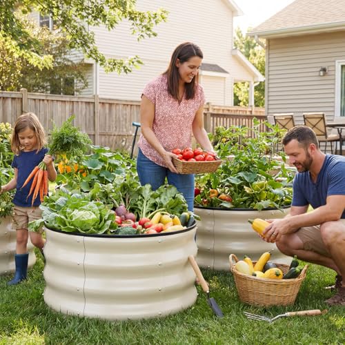 COMHOMA 3 Pack Round Raised Garden Bed 2x2x1ft,Galvanized Metal Planter Box Kit for Outdoor Gardening,Vegetable Flower Herb Growing Beds with Gloves Tools,White - Image 2