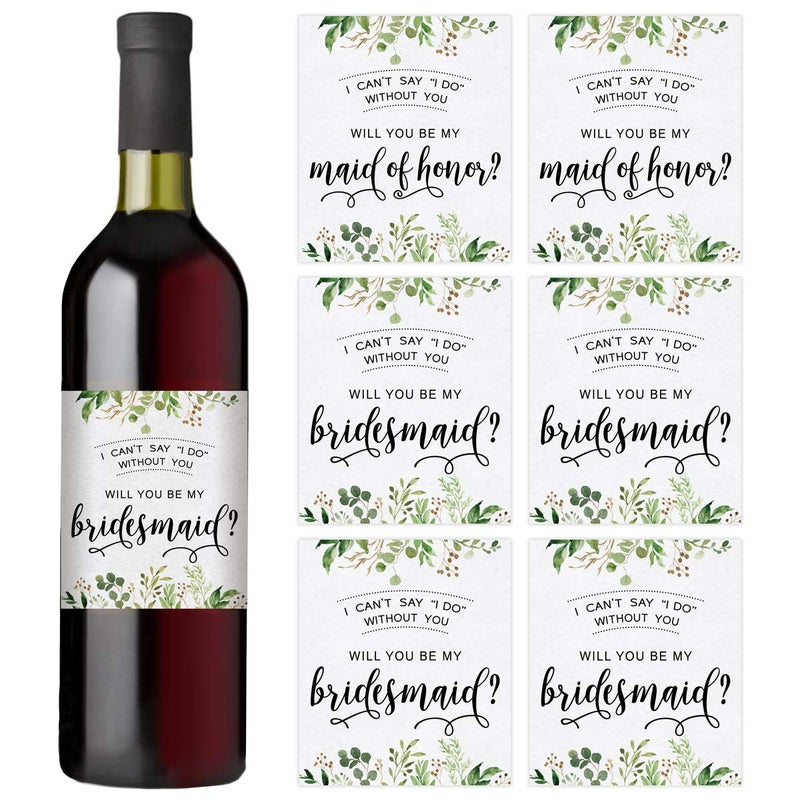 Printed Party Bridesmaid Proposal Wine Bottle Label Gift Greenery Set of 8