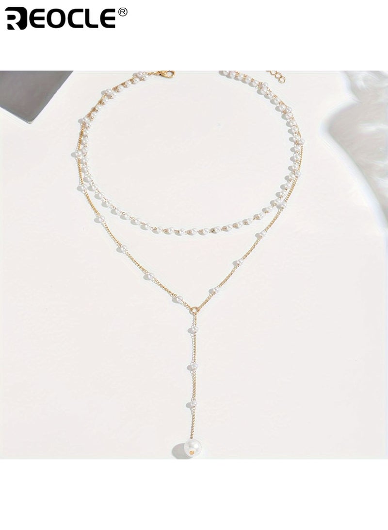 ريوكل أنيقة طبقة مزدوجة فو لؤلؤ شرابة قلادة نمط عتيق سبائك الزنك مادة قابل للتعديل عدد حبة مناسبة لارتداء الحفلات اليومية ملحق جميع الموسم للنساء السيدات والبالغين - Image 4