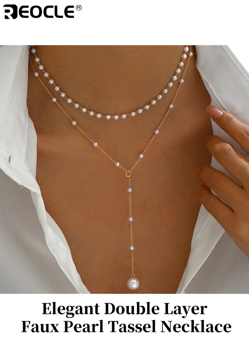 ريوكل أنيقة طبقة مزدوجة فو لؤلؤ شرابة قلادة نمط عتيق سبائك الزنك مادة قابل للتعديل عدد حبة مناسبة لارتداء الحفلات اليومية ملحق جميع الموسم للنساء السيدات والبالغين - Image 1