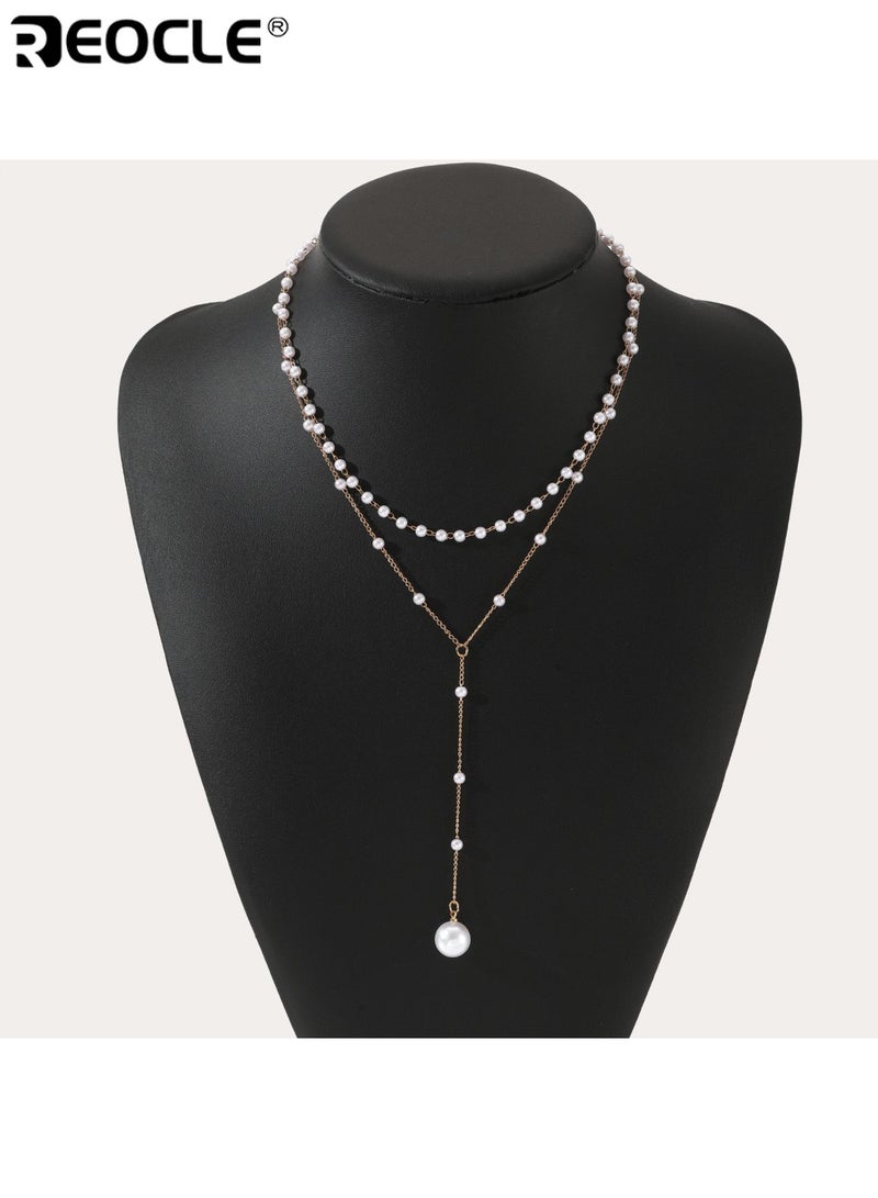 ريوكل أنيقة طبقة مزدوجة فو لؤلؤ شرابة قلادة نمط عتيق سبائك الزنك مادة قابل للتعديل عدد حبة مناسبة لارتداء الحفلات اليومية ملحق جميع الموسم للنساء السيدات والبالغين - Image 3