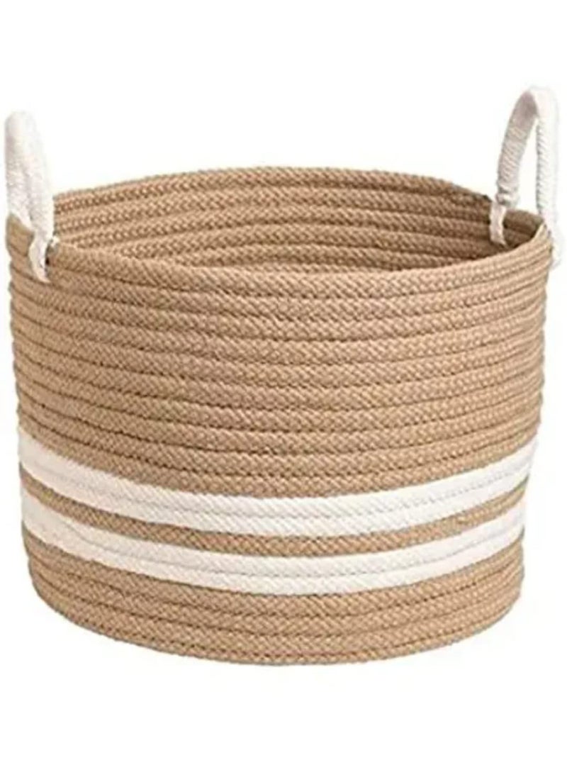Generic - RUGSZONE Jute & Cotton Big Size Basket for Storage, Clothes, Kitchen (1 Piece with Handle, Beige-White, 35x30 cm) - Round Woven Handcrafted Basket for Toys, Wardrobe, Plants (Medium 12x12) - Image 1