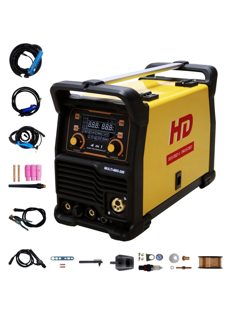 أتش دي MIG/TIG/MMA/CUT MULTI ماكينة لحام 10-200A AC | تعمل على الحديد والفولاذ المقاوم للصدأ وجميع المعادن باستثناء الألمنيوم وقطع الصلب عالية الجودة | MULTI MIG |  0.6 إلى 1.0 إلكترود | 1.0 إلى 5.0 إلكترود  - Image 1