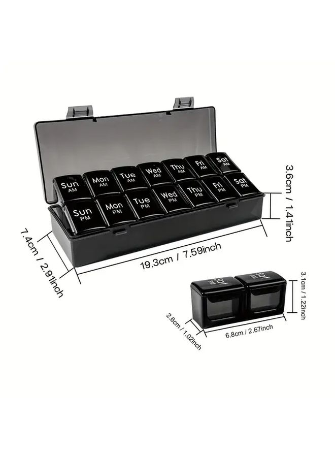Weekly Pill Organizer 14 Day 7 Day Split AM PM Portable Black Plastic Storage Box - Image 3