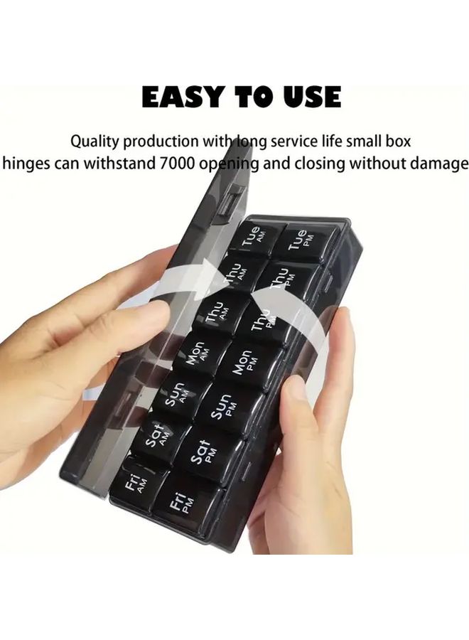 Weekly Pill Organizer 14 Day 7 Day Split AM PM Portable Black Plastic Storage Box - Image 2