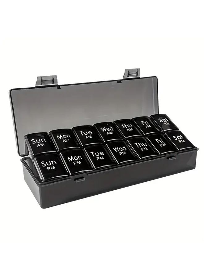 Weekly Pill Organizer 14 Day 7 Day Split AM PM Portable Black Plastic Storage Box - Image 1