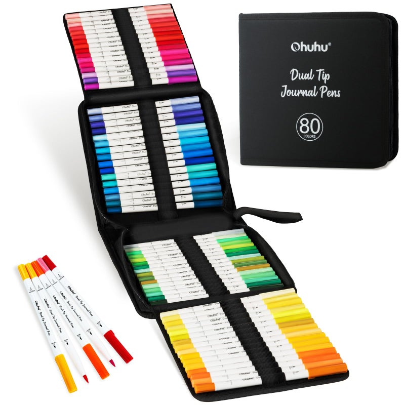 Ohuhu Markers for Adults Coloring Books No Bleeding 80 Colors Pens for Journaling Water-Based Coloring Markers Dual Tips Extra Fine & Brush Art Markers for Calligraphy Lettering Card-making - Image 1