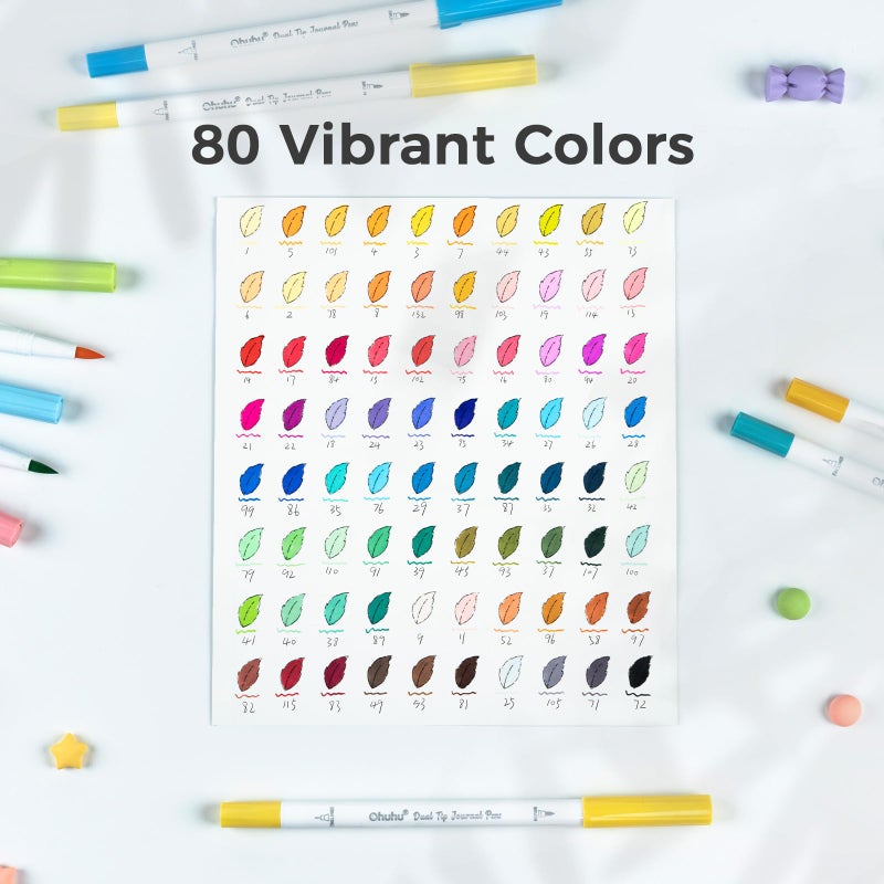 Ohuhu Markers for Adults Coloring Books No Bleeding 80 Colors Pens for Journaling Water-Based Coloring Markers Dual Tips Extra Fine & Brush Art Markers for Calligraphy Lettering Card-making - Image 2