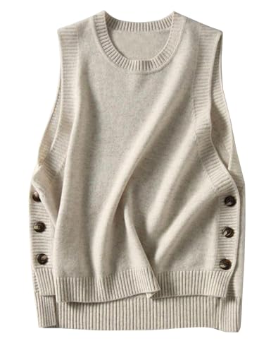 HangNiFang Women's Round Neck Sleeveless Pullover Ribbed Knit Sweater Vest Top (0199-BeigeX1-M) - Image 2